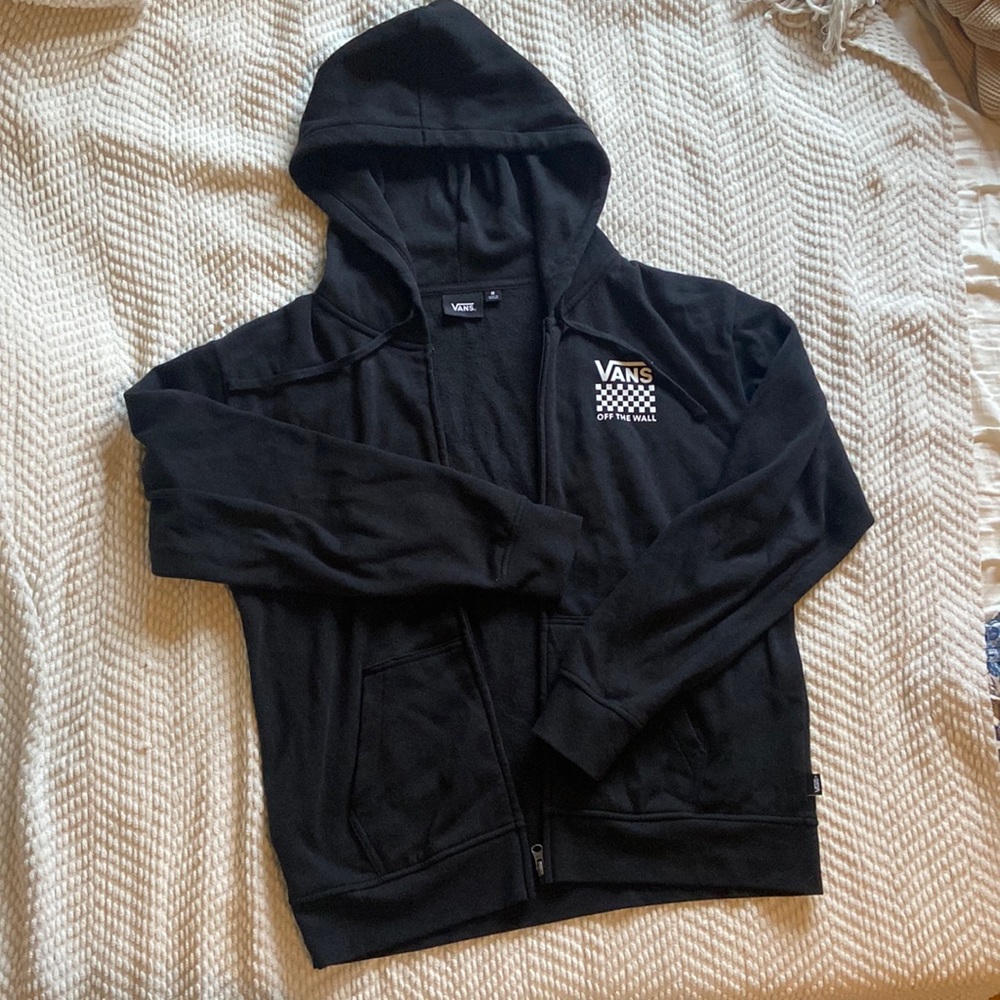 Black VANS zip up sweatshirt hoodie with checkerboard logo on front and back